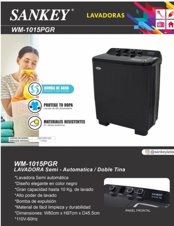 Lavadora Semiautomática SANKEY 10 Kg Doble Tina Negra - Imagen 3
