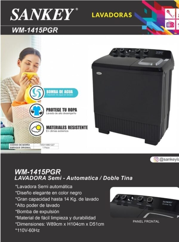 Lavadora Semiautomática SANKEY 14 Kg Doble Tina Negra - Imagen 3