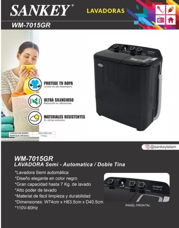 Lavadora Semiautomática Sankey 7 Kilos Doble tina Negra - Imagen 5
