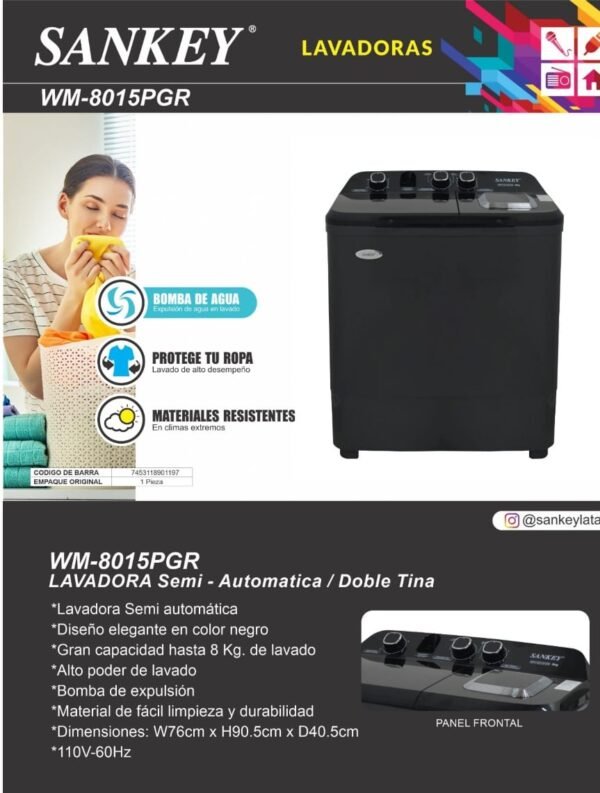Lavadora Semiautomática SANKEY 8 Kg Doble Tina Negra - Imagen 3