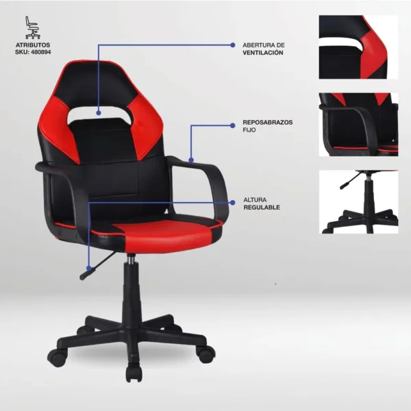 Silla Escritorio Gamer Rojo/Negro - Imagen 3