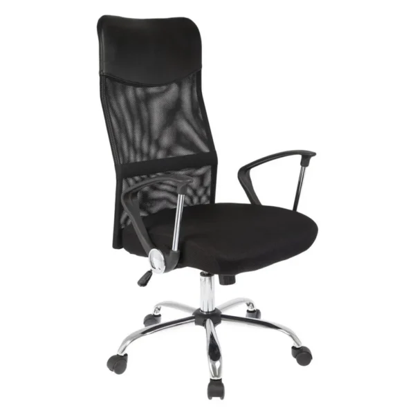 Silla de Escritorio Malla Ejecutiva Giratoria Cromada con Reposabrazos Fijo Negra